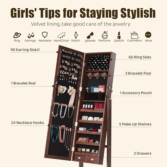 DUMOS Jewelry Armoire Cabinet with Full Length Mirror, 47.3" Jewelry Organizer, Lockable Large Capacity Jewelry Armoire with Drawers, 3 Adjustable Angles, Rustic