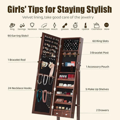 DUMOS Jewelry Armoire Cabinet with Full Length Mirror, 47.3" Jewelry Organizer, Lockable Large Capacity Jewelry Armoire with Drawers, 3 Adjustable Angles, Rustic