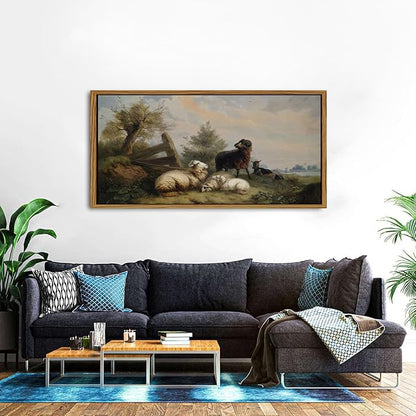 Farmhouse Sheep Framed Canvas Wall Art Vintage French Country Nature Landscape Wall Decor Countryside Meadow Flock of Sheep Animal Poster Prints Artwork for Kitchen Bedroom Home Decoration 30x57.8