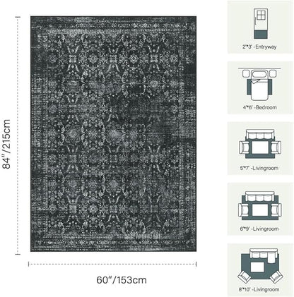Rugxara 5x7 Area Rugs for Living Room Bedroom, Washable Rug, Black Vintage Floral Boho Rug, Non Slip & Low Pile Faux Wool Thin Carpet for Indoor Dining Room and Kids Room(Black 5x7ft)