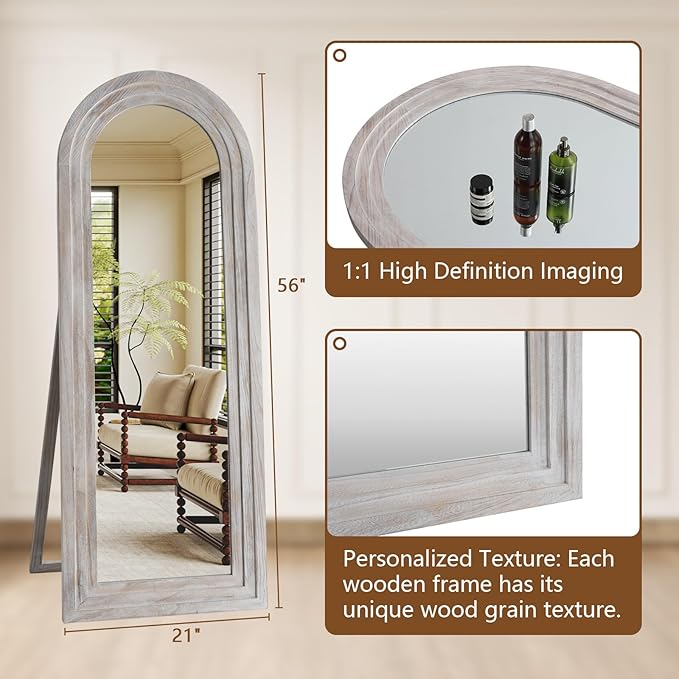 MELOMOIR Arched Full Length Mirror with Solid Wood Frame, 56"x21" Rustic Farmhouse Floor Mirror with Stand, Free Standing Leaning Hanging, for Bedroom Living Room Dressing Room, Distressed White