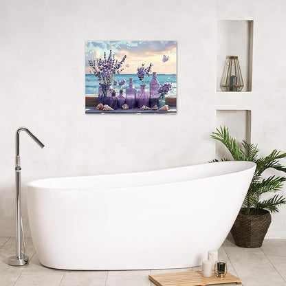 LB Ocean Purple Lavender Wall Art for Living Room Purple Flower in Vase with Butterfly Canvas Wall Art Blue Sky and White Cloud Wall Decor for Bedroom Bathroom Office Framed Ready to Hang 8L x 10W