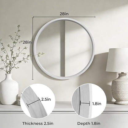 WallBeyond 28 Inch Round Wood Mirror, Large Circle Wooden Frame Wall Mirror for Bathroom, Living Room, Bedroom, Entryway (White)