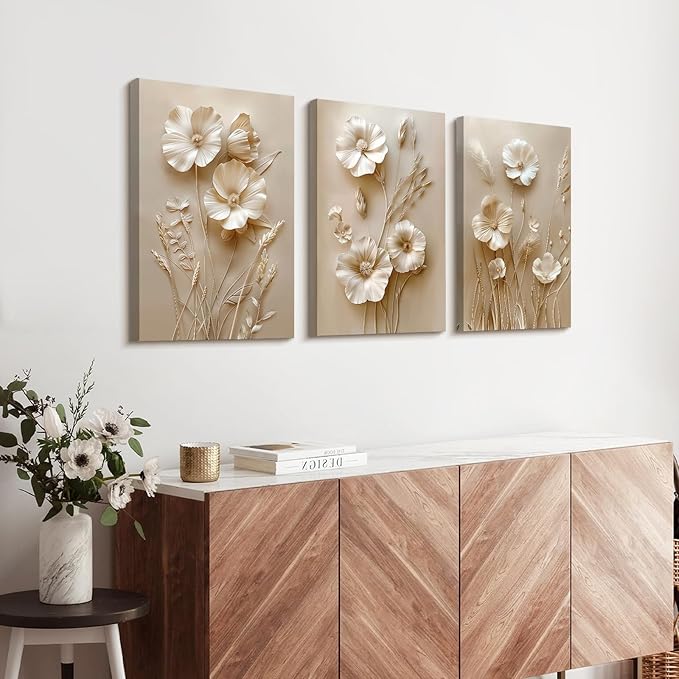 WENGTIAO 3Pcs Beige Flower Canvas Wall Art Prints Neutral Floral Plant Wall Painting Minimalist Botanical Blossom Poster Picture Vintage Artwork Home Decor for Living Room Bedroom Office 20”x28”x3Pcs