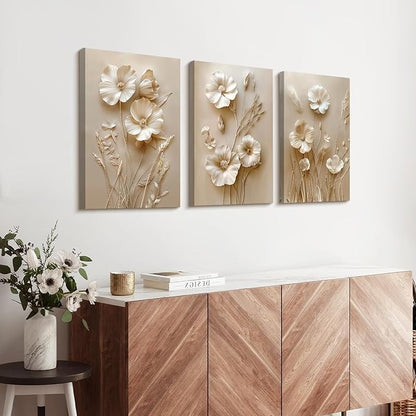 WENGTIAO 3Pcs Beige Flower Canvas Wall Art Prints Neutral Floral Plant Wall Painting Minimalist Botanical Blossom Poster Picture Vintage Artwork Home Decor for Living Room Bedroom Office 20”x28”x3Pcs