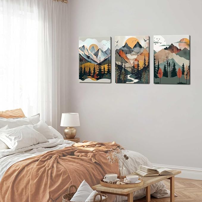 Mountain Canvas Wall Art Set of 3, Boho Sun Forest Abstract Nature Landscape Artwork Wall Decor, Watercolor Posters Prints Painting Picture Artwork for Living Room Bedroom Office 12 x16 In Framed