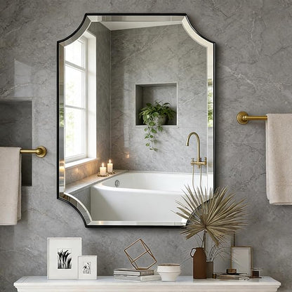 POZINO Bathroom Beveled Mirror, 24"x36" Vanity Mirror with Stainless Steel Frame, Matte Black Rounded Corner Rectangle Wall Mirrors for Living Room Bedroom Entryway, Horizontal or Vertical Hanging