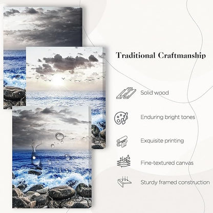 SERIMINO Beach Wall Art Set, Blue Coastal Landscape Wall Decor, Modern Ocean Paintings Art Prints Home Office Decoration, Seaside Canvas Pictures for Living Room Bedroom Bathroom 3 Pieces 16"X24"
