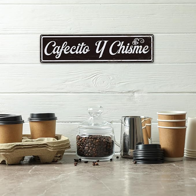 Coffee Metal Signs, Cafecito y Chisme Sign, Funny Coffee Home Decor, Farmhouse Wall Decor for Home Vintage Bar or Dorm, Coffees Station Decors, Decorative Metal Wall Signs 15.8x4 Inches
