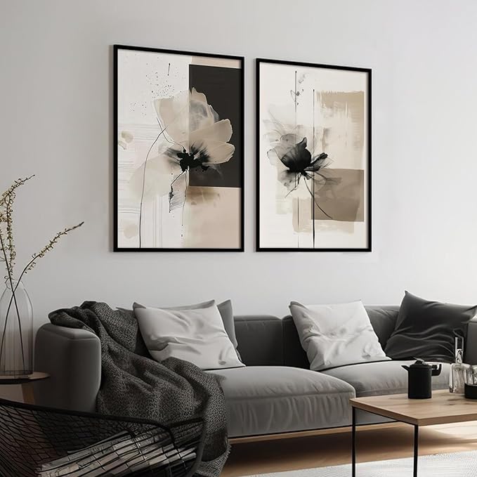 Tocliky Modern Abstract Floral Wall Art Minimalist Neutral Canvas Painting Decor Beige Cream And Black Wall Art Contemporary Flower Picture Prints for Living Room Bedroom 24x36 Inch Unframed Set of 2