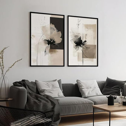 Tocliky Modern Abstract Floral Wall Art Minimalist Neutral Canvas Painting Decor Beige Cream And Black Wall Art Contemporary Flower Picture Prints for Living Room Bedroom 24x36 Inch Unframed Set of 2