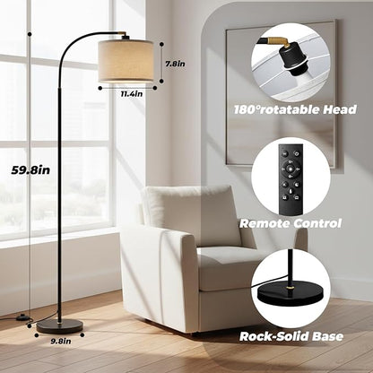 LALISU Arc Floor Lamps for Living Room, Modern Standing Lamp with Remote Dimmable Floor Lamp with Linen Shade, Tall Lamp for Bedroom Office Dining Room (Black)