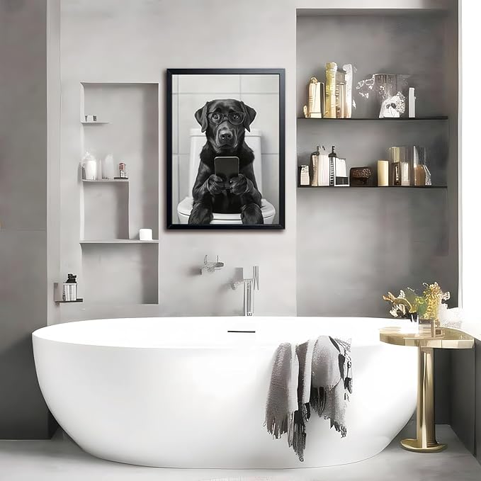 Black and White Bathroom Wall Art, Funny Labrador Dog Canvas Prints Poster, Cute Animal Sitting on Toilet Looking at Phone Picture, Modern Farmhouse Restroom Bathroom Home Wall Decor 16x24 Inch Framed