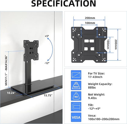 XINLEI Universal TV Stand Base, Table Top TV Stand for 17-43 Inch LCD/LED TVs, Height Adjustable Monitor Mount Stand with Tempered Glass Base Holds up to 88lbs VESA 200x200mm, TS103