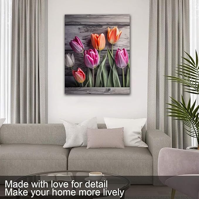 Wall HDQ Tulip Canvas Wall Art, Flower Gray Wall Decor for Bedroom Living Room Bathroom Decorations Orange Purple Floral Picture Colorful Modern Artwork Print Painting Wooden Frame - 28 x 44 Inch