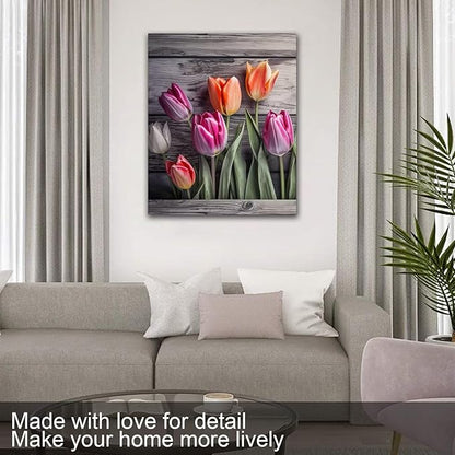 Wall HDQ Tulip Canvas Wall Art, Flower Gray Wall Decor for Bedroom Living Room Bathroom Decorations Orange Purple Floral Picture Colorful Modern Artwork Print Painting Wooden Frame - 18 x 24 Inch