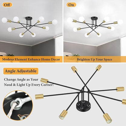Modern Sputnik Chandelier 8-Light Industrial Ceiling Lights Fixture 32" Black and Gold Semi Flush Mount Ceiling Light with E26 Base Sputnik Lights Fixture for Dining Room Bedroom Hallway Living Room