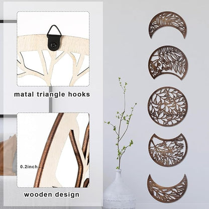 Jetec 5 Pcs Moon Phase Wall Art Decor Wall Pediments Hanging Wooden Phase Spiritual Bedroom Nordic Boho Lunar Aesthetic Art for Living Room Dorm Apartment Ornament(Dark Brown,15.75 Inch,Botanical)