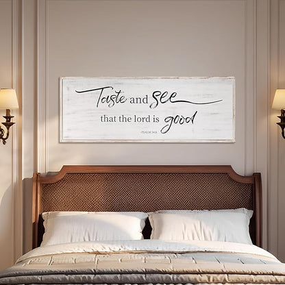Taste And See That The Lord Is Good Bible Verses Framed Wall Sign For Family Living Room Kitchen Farmhouse Dining Room Vintage Boho Wall Art Decoration For Living Room Bedroom, 40 X 15 Inch, White