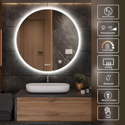 S·BAGNO 32’’ Round Led Bathroom Mirror with Lights, Backlit and Front Lighted, Wall-Mounted Vanity Mirror 3000K/4000K/6500K, Inside Bluetooth Speaker Anti-Fog Dimmable Smart Mirror