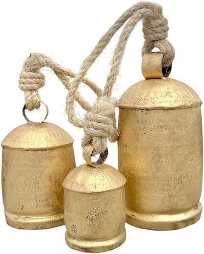 Vintage Metal Harmony Bells, Rustic Farmhouse Door Hanging Cow Bells, Gold Shabby Chic Christmas Decor, Bells for Christmas Wreath, Set of 3 with Jute Rope