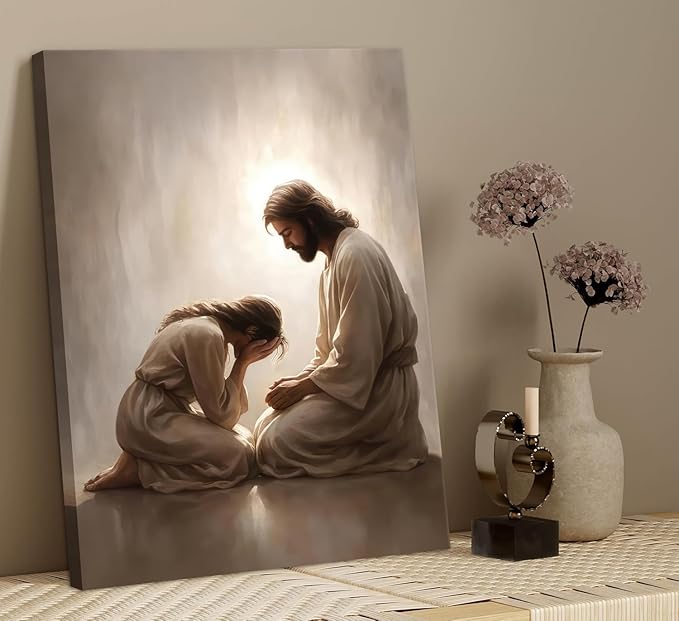 Jesus and Woman Canvas Wall Art Christian Repentance and Forgiveness Painting picture Wall Decor religion Bible Stories Poster Print Artwork for Church LDS bedroom Living Home Decor 16x24 in Canvas