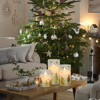 Christmas Battery Operated Flameless Candles Flickering Remote and Timer Glass LED Pillar Candles Moving Wick Real Wax Gold Snowman Christmas Tree Decals Holiday Decor D3 x H4, 5", 6"