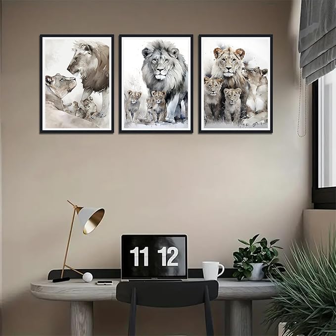 3 Pieces Lion Family Framed Canvas Wall Art Watercolor Safari Lion Picture Wall Decor for Farmhouse Modern Wildlife Animals Print Artwork for Office Nursery Decoration Easy to Hand 16x24inchx3pcs