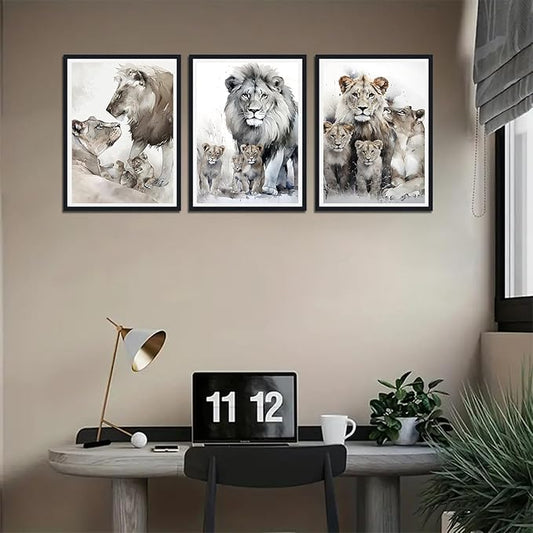 3 Pieces Lion Family Framed Canvas Wall Art Watercolor Safari Lion Picture Wall Decor for Farmhouse Modern Wildlife Animals Print Artwork for Office Nursery Decoration Easy to Hand 16x24inchx3pcs