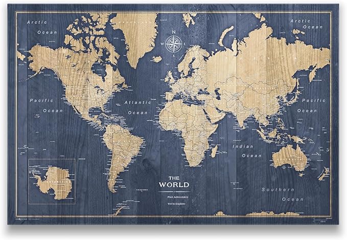 Conquest Maps World Travel Map with Pins Deep-Sea Drift Style Push Pin Travel Map Cork Board, Track Your Travels w/a Handmade Unique Canvas Pinable Map (36" x 24")