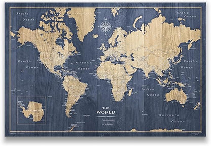 Conquest Maps World Travel Map with Pins Deep-Sea Drift Style Push Pin Travel Map Cork Board, Track Your Travels w/a Handmade Unique Canvas Pinable Map (54" x 36")