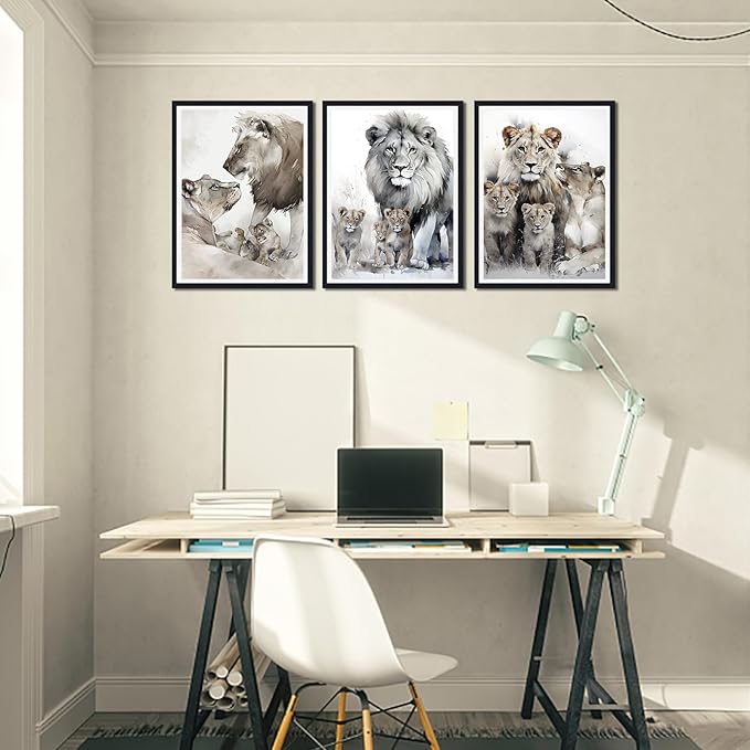 3 Pieces Lion Family Framed Canvas Wall Art Watercolor Safari Lion Picture Wall Decor for Farmhouse Modern Wildlife Animals Print Artwork for Office Nursery Decoration Easy to Hand 16x24inchx3pcs