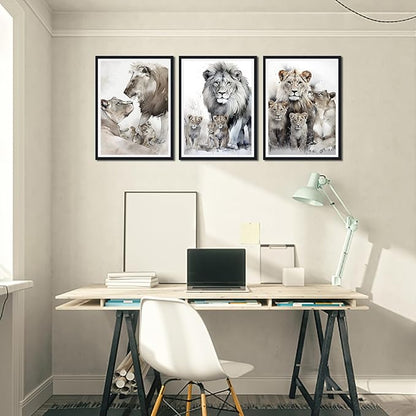 3 Pieces Lion Family Framed Canvas Wall Art Watercolor Safari Lion Picture Wall Decor for Farmhouse Modern Wildlife Animals Print Artwork for Office Nursery Decoration Easy to Hand 16x24inchx3pcs
