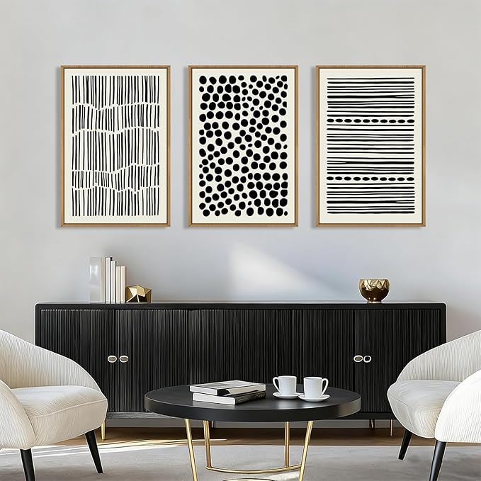 KAIRNE Abstract Black and White Framed Canvas Wall Art Set, Modern Geometric Wall Decor, Minimalist Line Art Prints, Neutral Boho Dots Artwork for Living Room, Bedroom, Farmhouse, Office -16"x24"x3