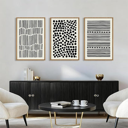 KAIRNE Abstract Black and White Framed Canvas Wall Art Set, Modern Geometric Wall Decor, Minimalist Line Art Prints, Neutral Boho Dots Artwork for Living Room, Bedroom, Farmhouse, Office -16"x24"x3