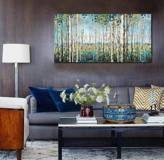 Pogusmavi Large Framed Birch Tree Canvas Wall Art Nature Painting for Home Decor | Teal Artwork for Living Room, Bedroom, and Office Pictures for Living Room 24×48IN