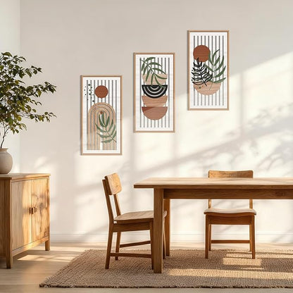 IARTTOP Boho Mid-century Modern Wood Wall Art 8x16 Inch Framed Bohemian Abstract Wooden Wall Decor Set of 3 Minimalist Orange Leaf Wall hanging for Living Room Bedroom Office