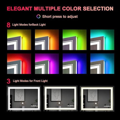 Snowdool LED Mirror for Bathroom, 40"X30" with 8 RGB Backlit +3 Front Lit (Adjustable Individually), Anti-Fog, Lighted Bathroom Vanity Mirror for Wall, Shatterproof, Memory Function, Tempered Glass