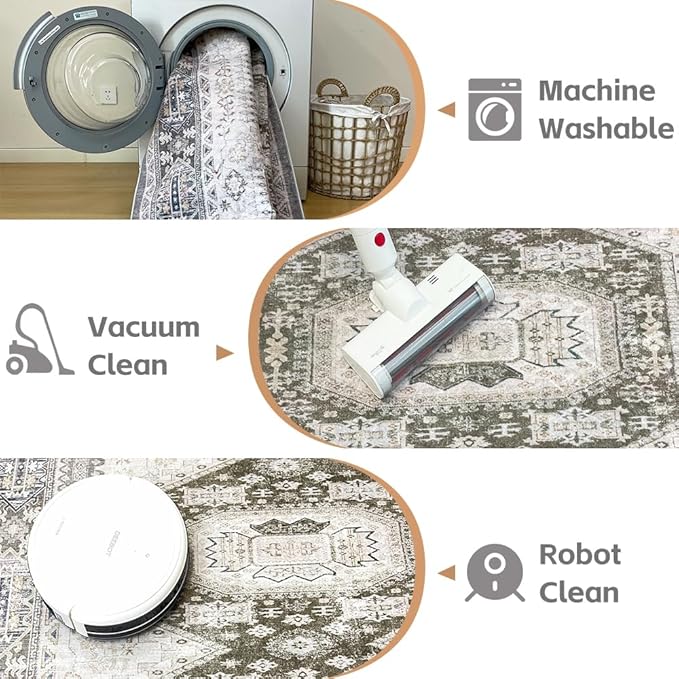5x7 Area Rugs Grey Brown Washable Rug for Living Room, Dining Room, Bedroom, Large Carpets, Non Slip & Non-Shedding Low Pile Vintage Print Rug for Home Office Decor