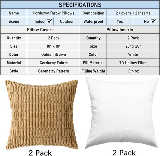 2 Pack Corduroy Decorative Throw Pillow with Inserts, 18x18 Inch Soft Boho Throw Pillow, Square Striped Throw Pillows for Couch, Bed, Sofa Decor (Golden Brown)