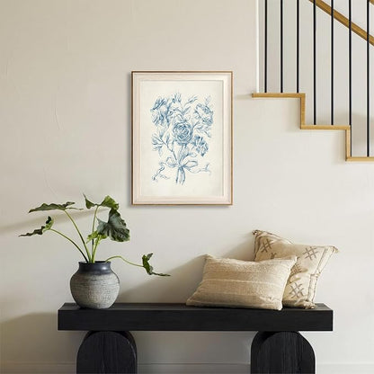 ASTRDECOR Framed Vintage Wall Art for Bathroom, Botanical Blue Wall Art for Home Decor Aesthetic, Victorian Blue Rose Bouquet Sketch Painting Floral Canvas Art Prints, Antique Flower Pictures for Living Room - 12''x16''