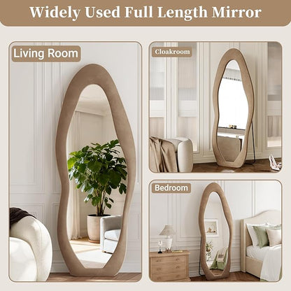 Full Length Mirror, 71"x30" Full Body Mirrors, Flannel Floor Mirrors with Stand, Irregular Wavy Mirror Hanging or Leaning Against Wall for Bedroom Living Room, Brown