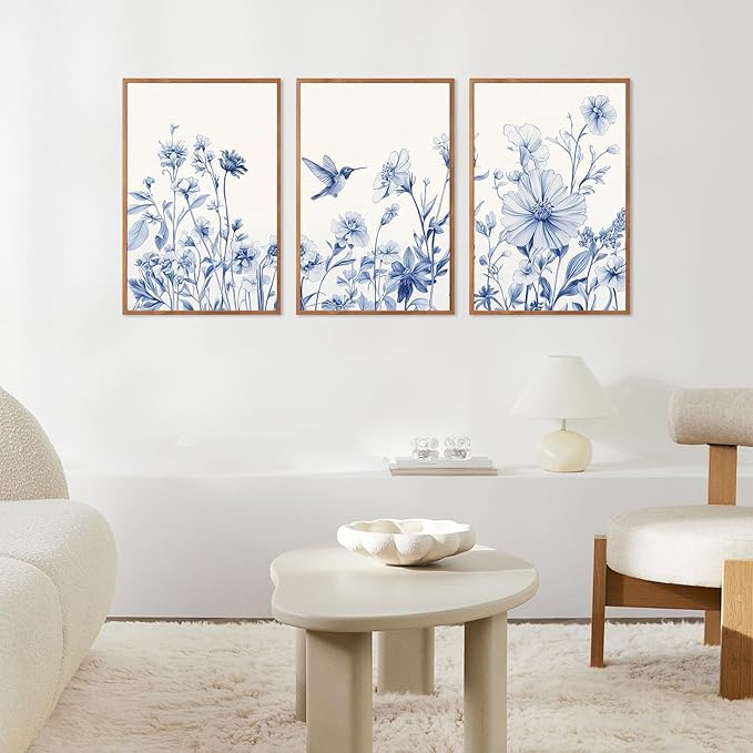 HLNIUC Vintage Blue Bird Flower Framed Canvas Wall Art,Large Chinoiserie Floral Wall Decor,Blue White Botanical Artwork Set of 3 (24x36),Watercolor Blossom Prints for Living Room,Bedroom,Office