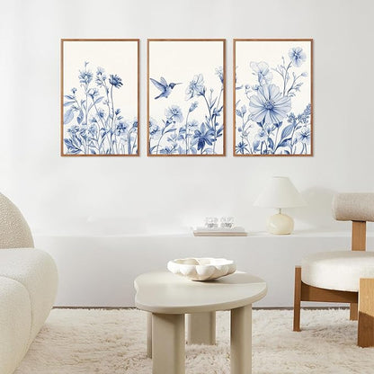 HLNIUC Vintage Blue Bird Flower Framed Canvas Wall Art,Large Chinoiserie Floral Wall Decor,Blue White Botanical Artwork Set of 3 (24x36),Watercolor Blossom Prints for Living Room,Bedroom,Office