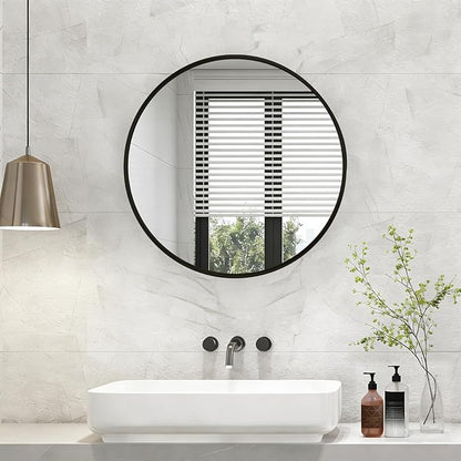 NEWBULIG 28 Inch Round Wall Mirror, Bathroom Mirror for Over Sink, Matte Metal Framed Circle Vanity Mirror, Wall Decor for Bedroom, Entryway, Anti-Rust, Tempered Glass, Hanging or Leaning,Black