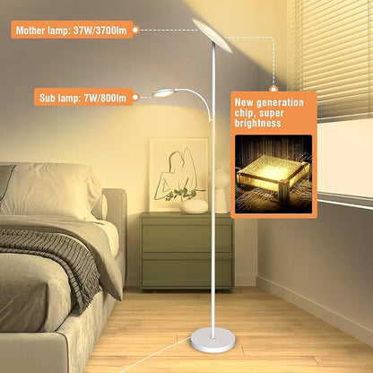 marctronic White Floor Lamps for Living Room, 44W/4500LM Super Bright 2 in 1 LED Floor Lamp with Remote, Stepless Dimmable, 69" Tall Standing Floor Lamp with Bendable Reading Light for Bedroom Office