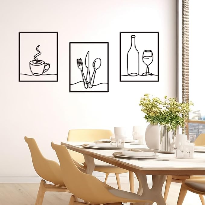 3 Pieces Metal Minimalist Line Kitchen Signs Wall Decor Drawing, Rustic Kitchen Art Wall Decor for Kitchen Dining Living Room Home, 14.2 x 11 Inches (Elegant)