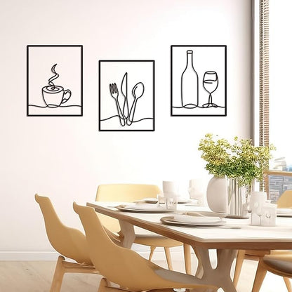 3 Pieces Metal Minimalist Line Kitchen Signs Wall Decor Drawing, Rustic Kitchen Art Wall Decor for Kitchen Dining Living Room Home, 14.2 x 11 Inches (Elegant)
