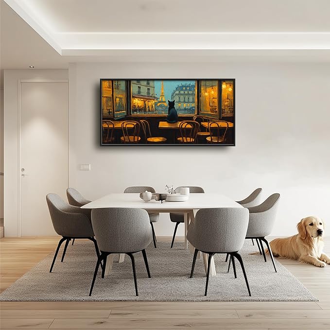 Eiffel Tower Large Wall Art for Living Room France Paris City Street Framed Canvas Decor Cat Prints Painting Pictures Extra Large Modern Artwork for Kitchen Bedroom Bathroom Home Decorations 30"x60"