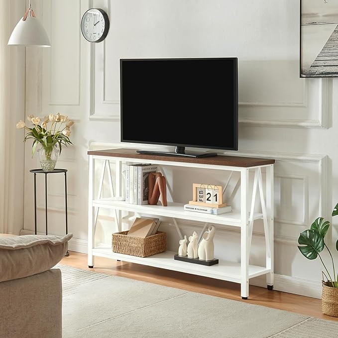 HOMISSUE Entryway Console Table, Rustic Console Tables with Wide Storage, Industrial Foyer for Entry with 3-Tier Open Shelves, White, 47 Inch